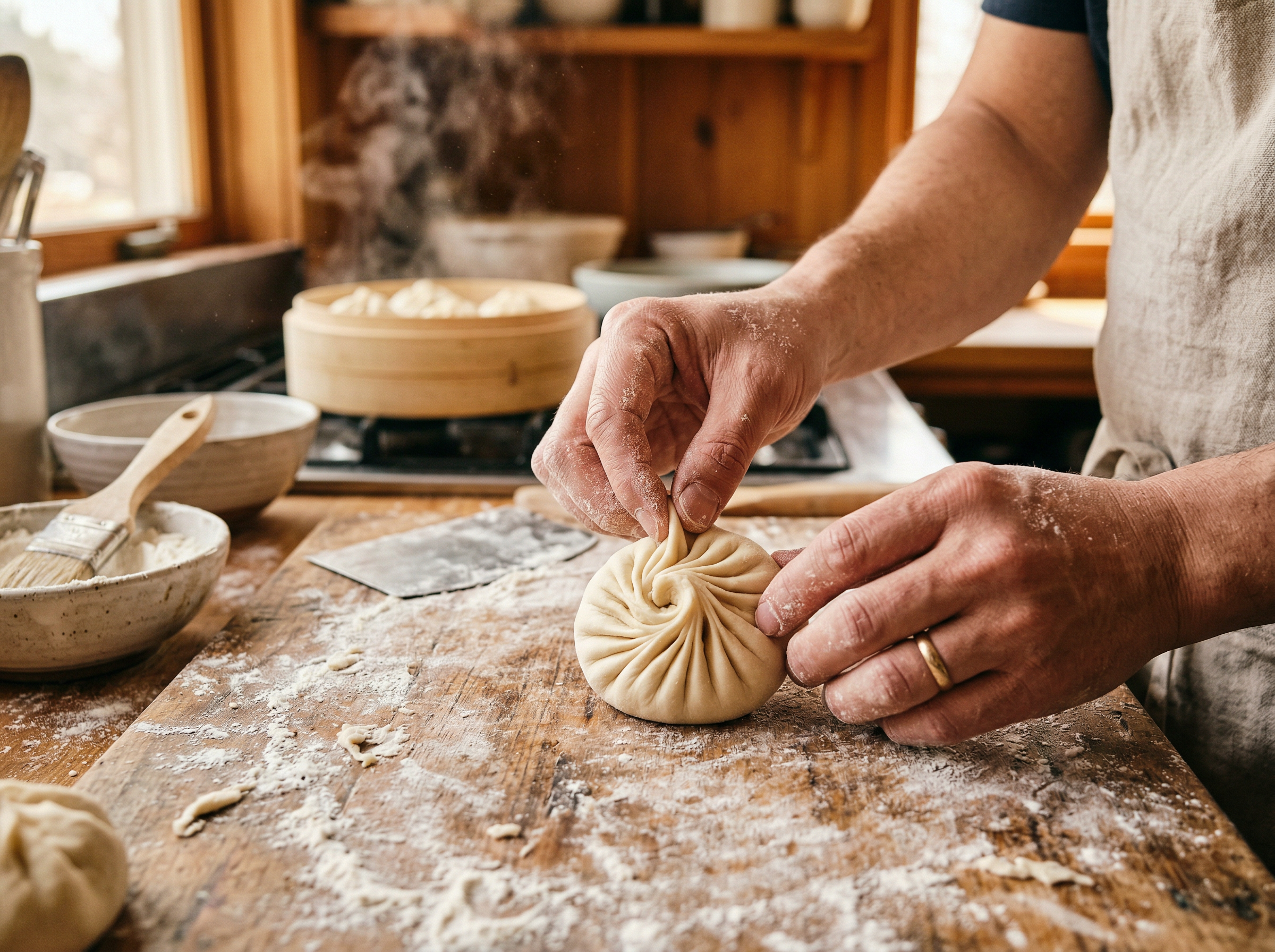 Artisan carefully pleating a bao bun