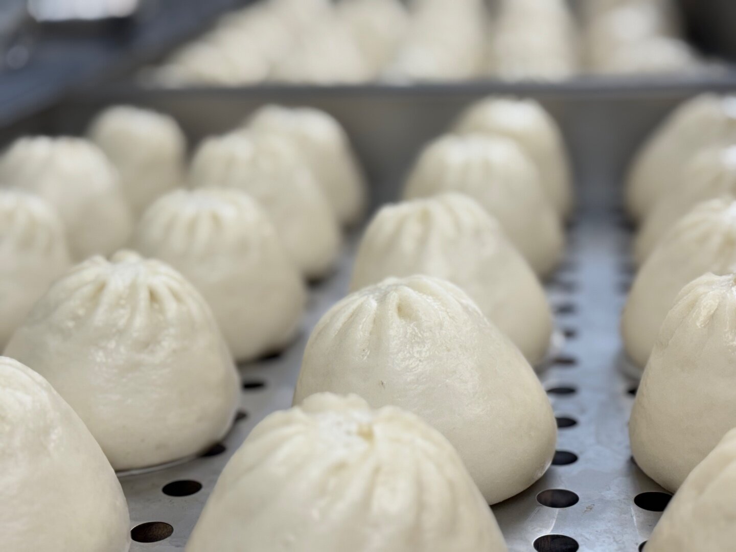 Rows of hand-pleated bao buns ready for steaming