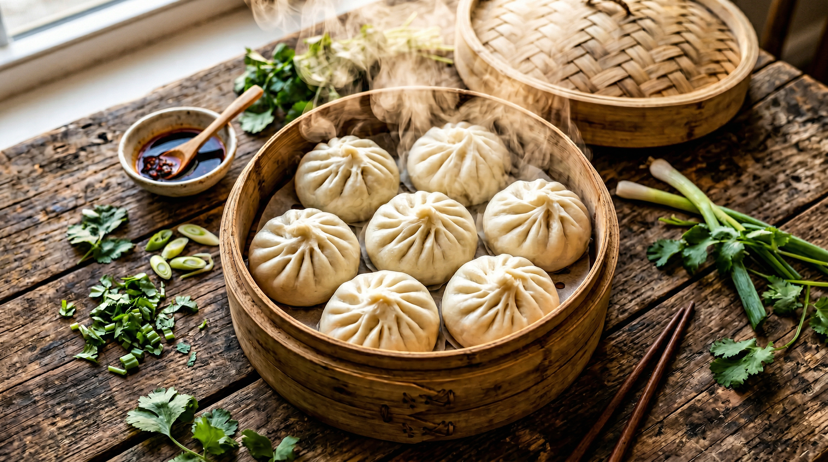 Steaming bao buns in bamboo steamer