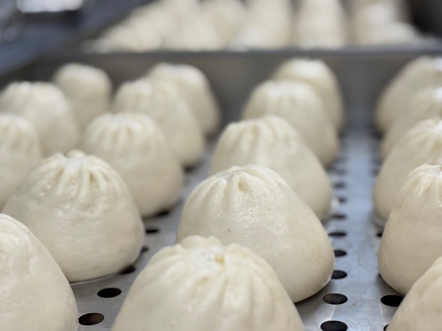 Hand-pleated bao arranged on a tray before steaming