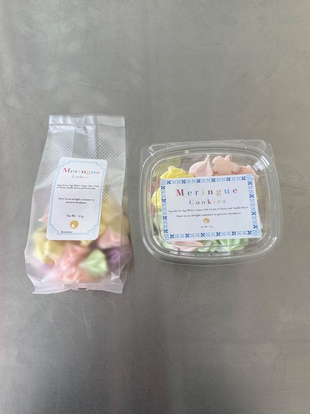 Meringue cookies in retail packaging